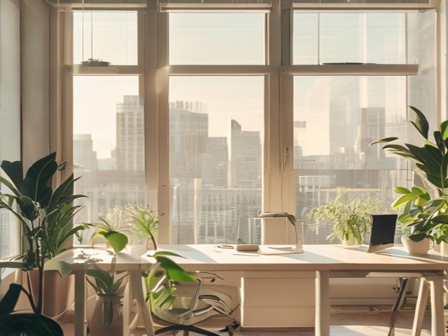 Bright modern office workspace with desk, plants, and window overlooking city